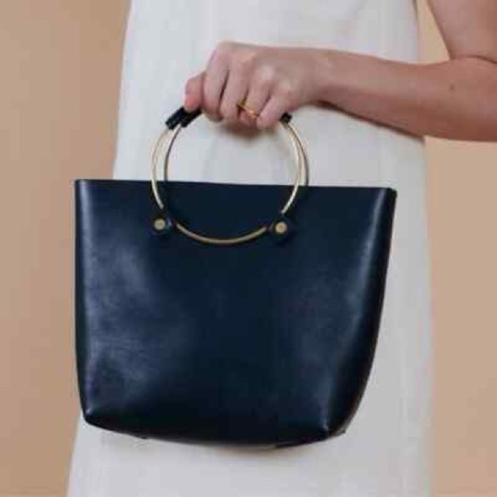Anthropologie Tribe Alive Leather Gold Brass Handle Handbag Black Minimal Chic